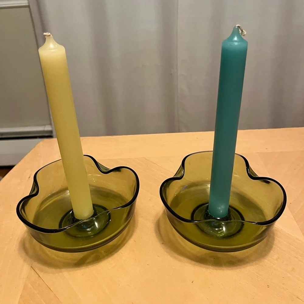 Vintage Anchor Hocking Avocado Candlestick Bowls Set of Two
